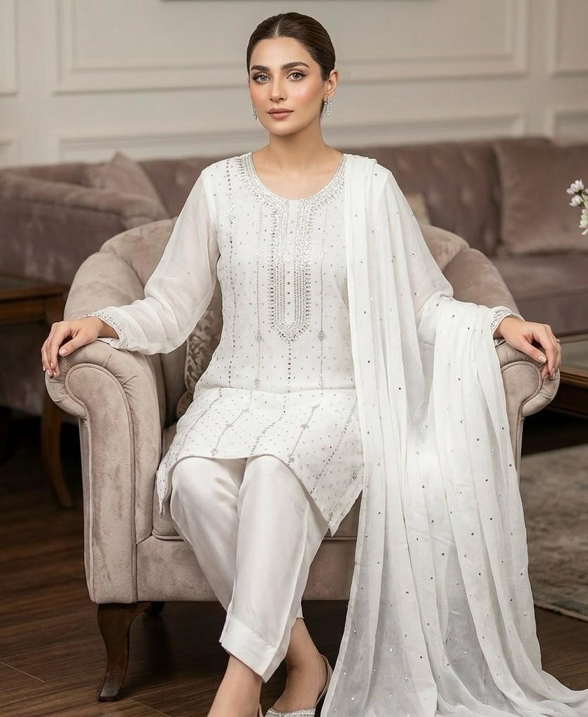 Soft Bamber Chiffon 2 Piece Dress for Women – Mukesh Kamdani Heavy Work Shirt & Dupatta | Elegant Party Wear