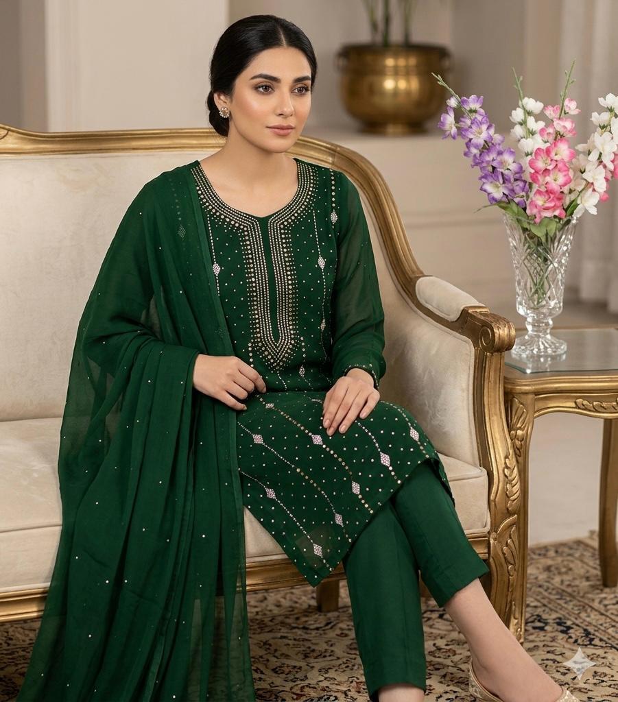 Soft Bamber Chiffon 2 Piece Dress for Women – Mukesh Kamdani Heavy Work Shirt & Dupatta | Elegant Party Wear