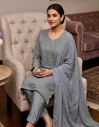 Soft Bamber Chiffon 2 Piece Dress for Women – Mukesh Kamdani Heavy Work Shirt & Dupatta | Elegant Party Wear