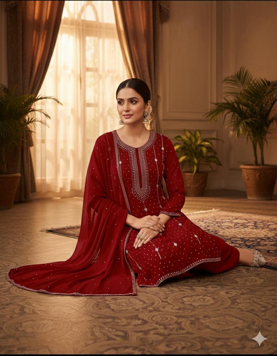 Soft Bamber Chiffon 2 Piece Dress for Women – Mukesh Kamdani Heavy Work Shirt & Dupatta | Elegant Party Wear