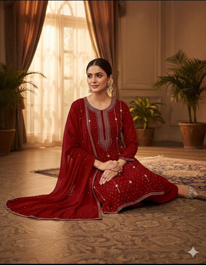Soft Bamber Chiffon 2 Piece Dress for Women – Mukesh Kamdani Heavy Work Shirt & Dupatta | Elegant Party Wear