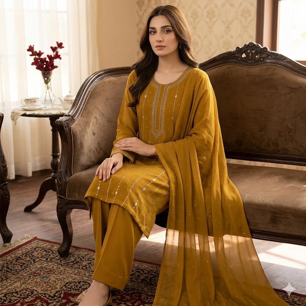 Soft Bamber Chiffon 2 Piece Dress for Women – Mukesh Kamdani Heavy Work Shirt & Dupatta | Elegant Party Wear