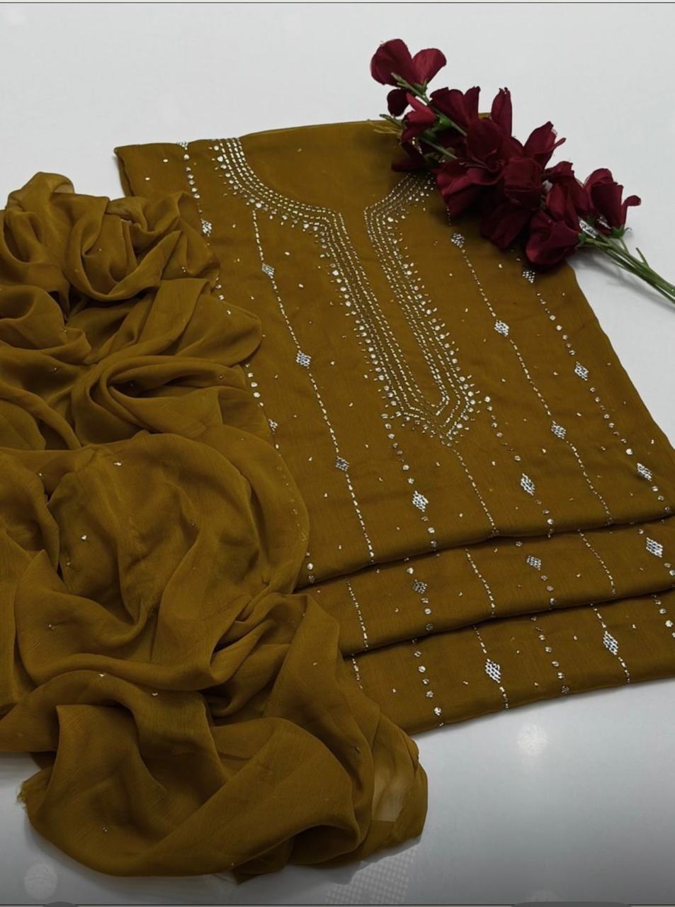 Soft Bamber Chiffon 2 Piece Dress for Women – Mukesh Kamdani Heavy Work Shirt & Dupatta | Elegant Party Wear