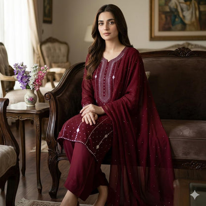 Soft Bamber Chiffon 2 Piece Dress for Women – Mukesh Kamdani Heavy Work Shirt & Dupatta | Elegant Party Wear