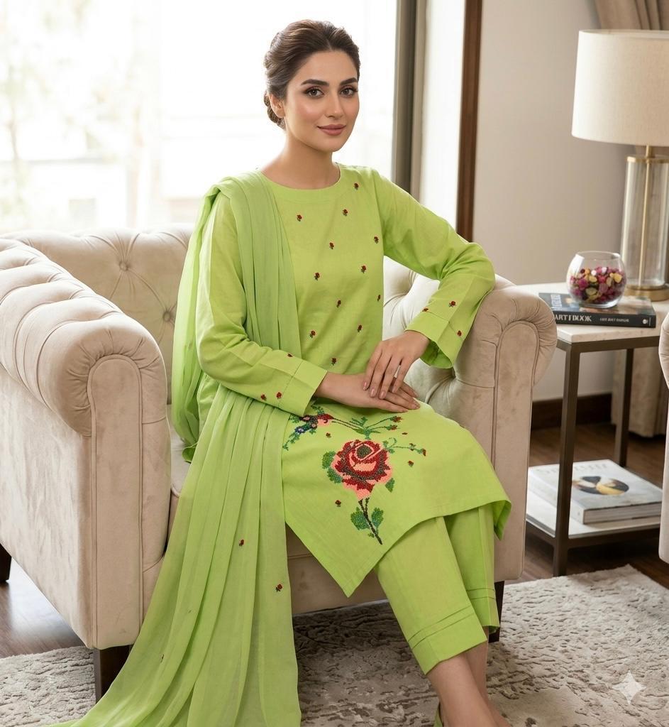 Women's Lawn 3 Piece Suit with Cross-Stitch Floral Embroidery & Chiffon Dupatta | Premium Summer Collection