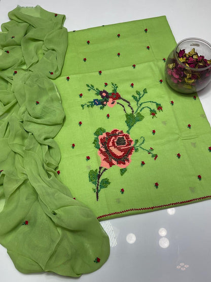 Women's Lawn 3 Piece Suit with Cross-Stitch Floral Embroidery & Chiffon Dupatta | Premium Summer Collection