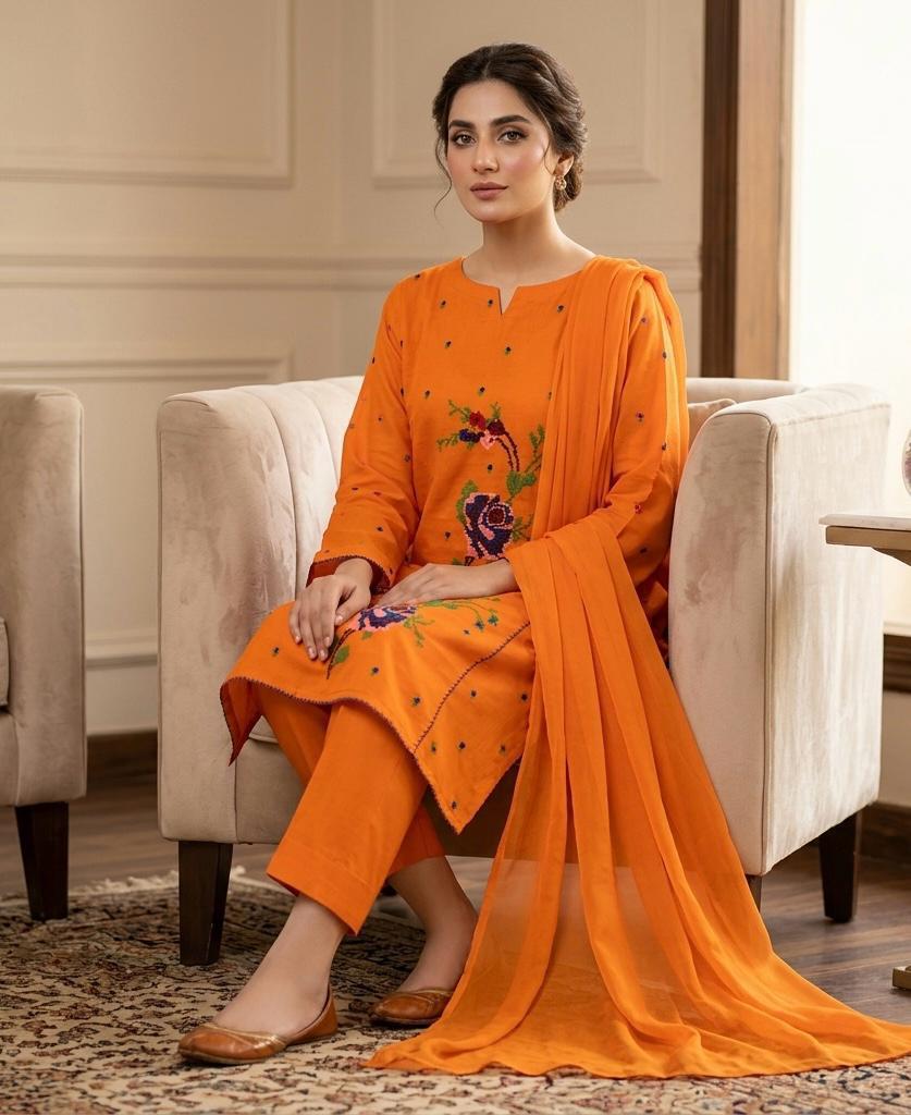 Women's Lawn 3 Piece Suit with Cross-Stitch Floral Embroidery & Chiffon Dupatta | Premium Summer Collection