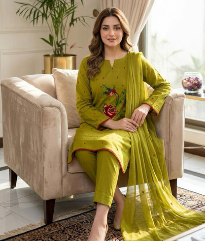 Women's Lawn 3 Piece Suit with Cross-Stitch Floral Embroidery & Chiffon Dupatta | Premium Summer Collection