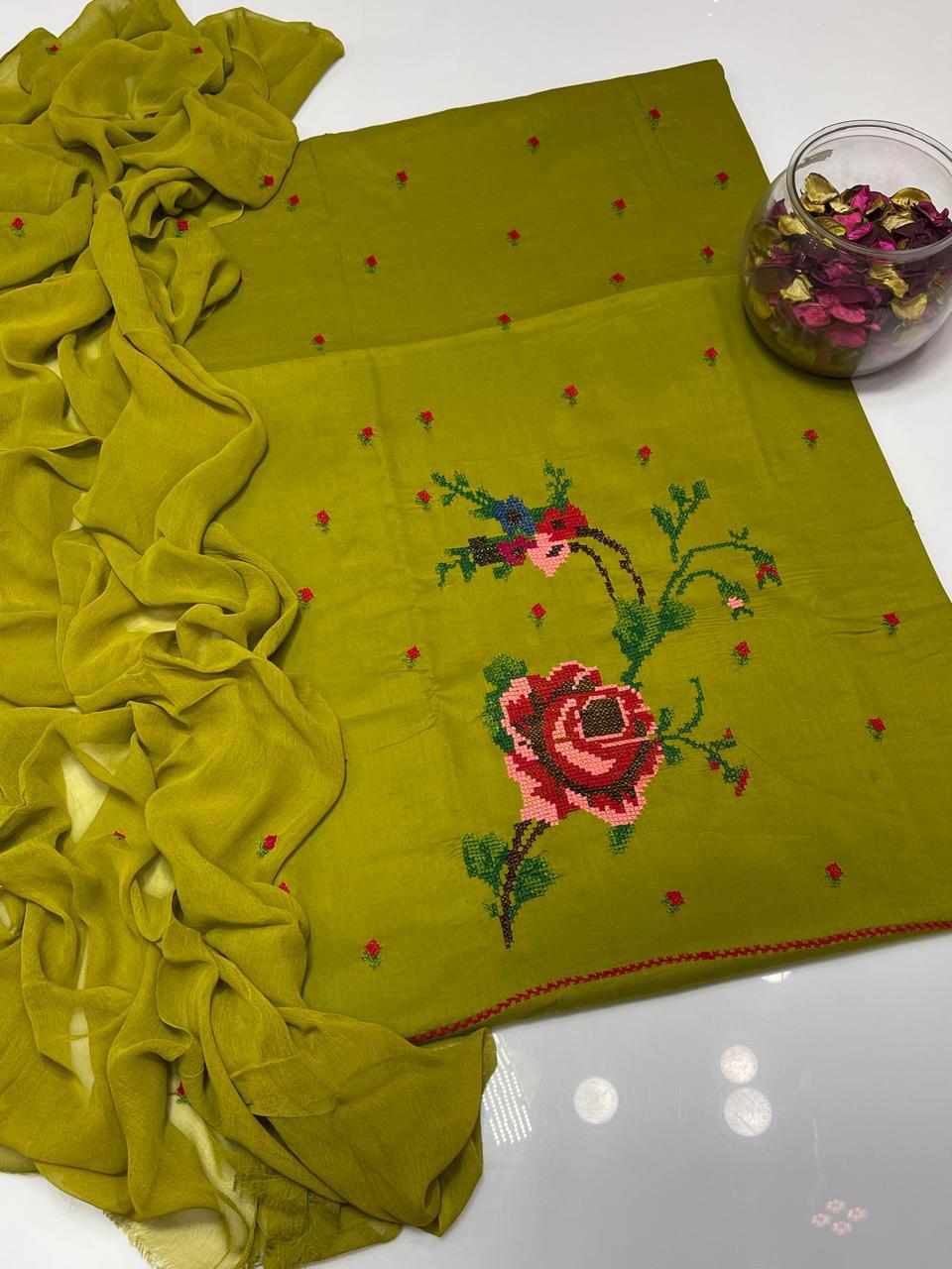 Women's Lawn 3 Piece Suit with Cross-Stitch Floral Embroidery & Chiffon Dupatta | Premium Summer Collection