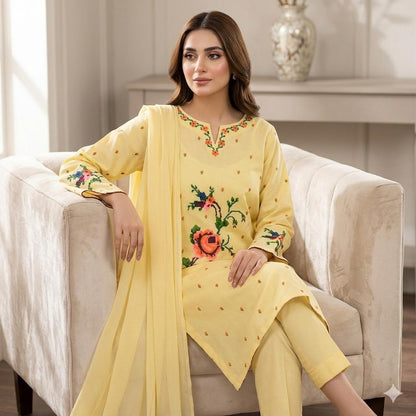 Women's Lawn 3 Piece Suit with Cross-Stitch Floral Embroidery & Chiffon Dupatta | Premium Summer Collection