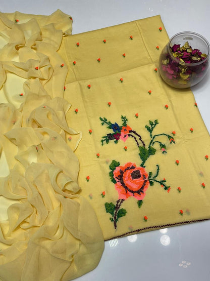 Women's Lawn 3 Piece Suit with Cross-Stitch Floral Embroidery & Chiffon Dupatta | Premium Summer Collection
