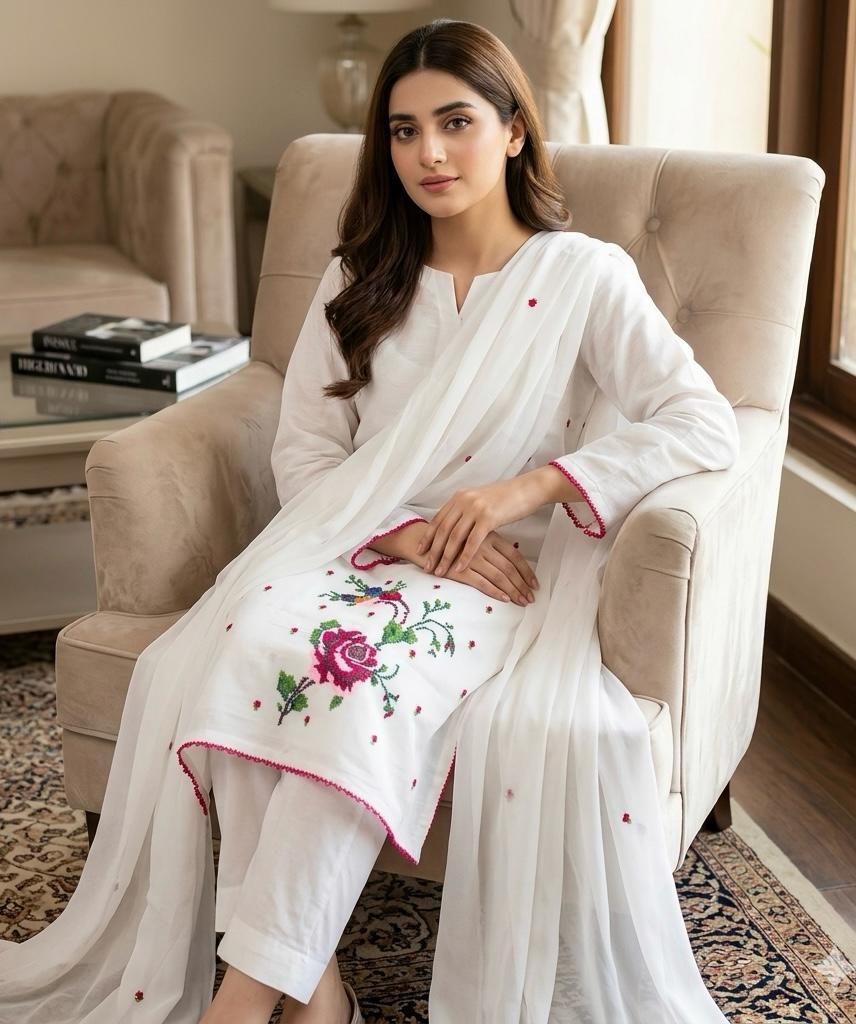 Women's Lawn 3 Piece Suit with Cross-Stitch Floral Embroidery & Chiffon Dupatta | Premium Summer Collection