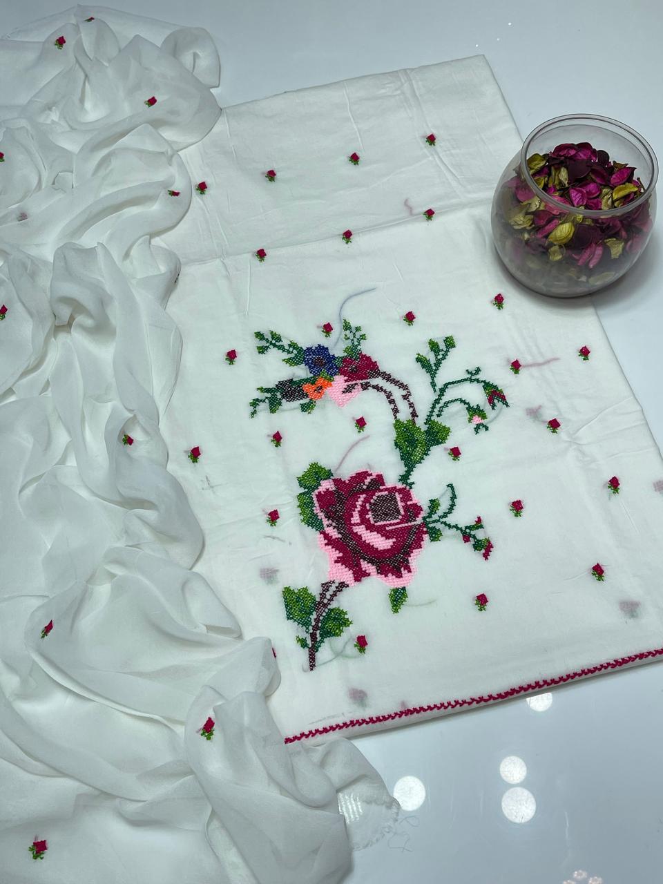 Women's Lawn 3 Piece Suit with Cross-Stitch Floral Embroidery & Chiffon Dupatta | Premium Summer Collection