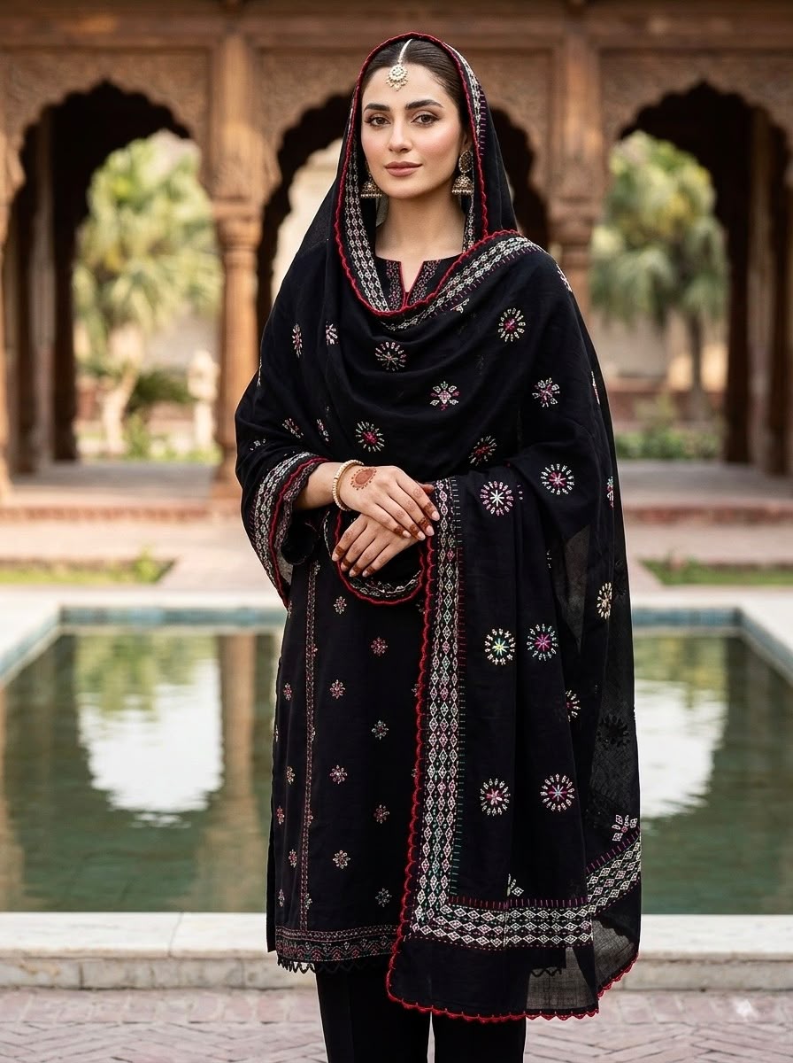 Pure Lawn Balochi Embroidered Chadar with Handmade Mirror Work | Premium Full Size Chadar