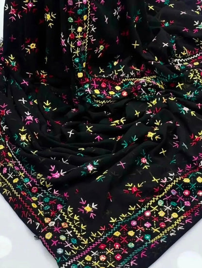 Korean Georgette Sindhi Embroidered Chadar with Mirror Work | Elegant Full Size Shawl