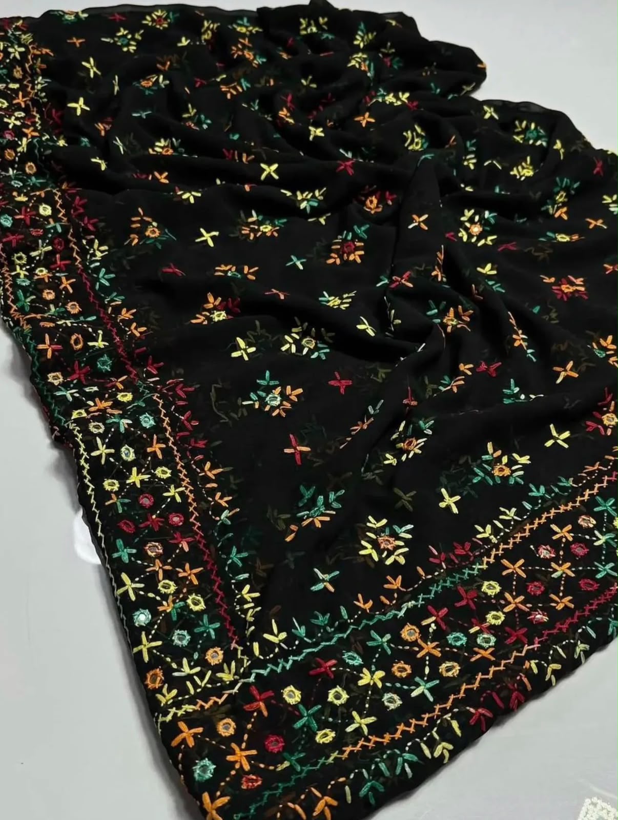 Korean Georgette Sindhi Embroidered Chadar with Mirror Work | Elegant Full Size Shawl