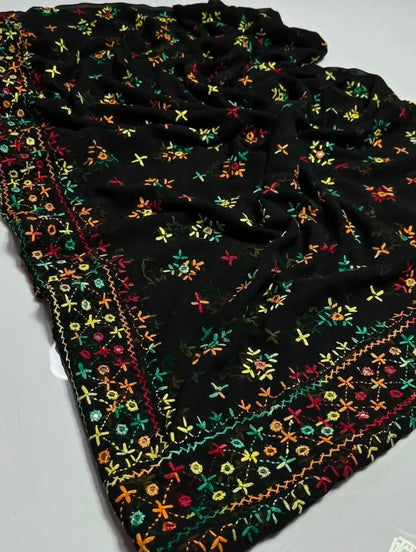 Korean Georgette Sindhi Embroidered Chadar with Mirror Work | Elegant Full Size Shawl