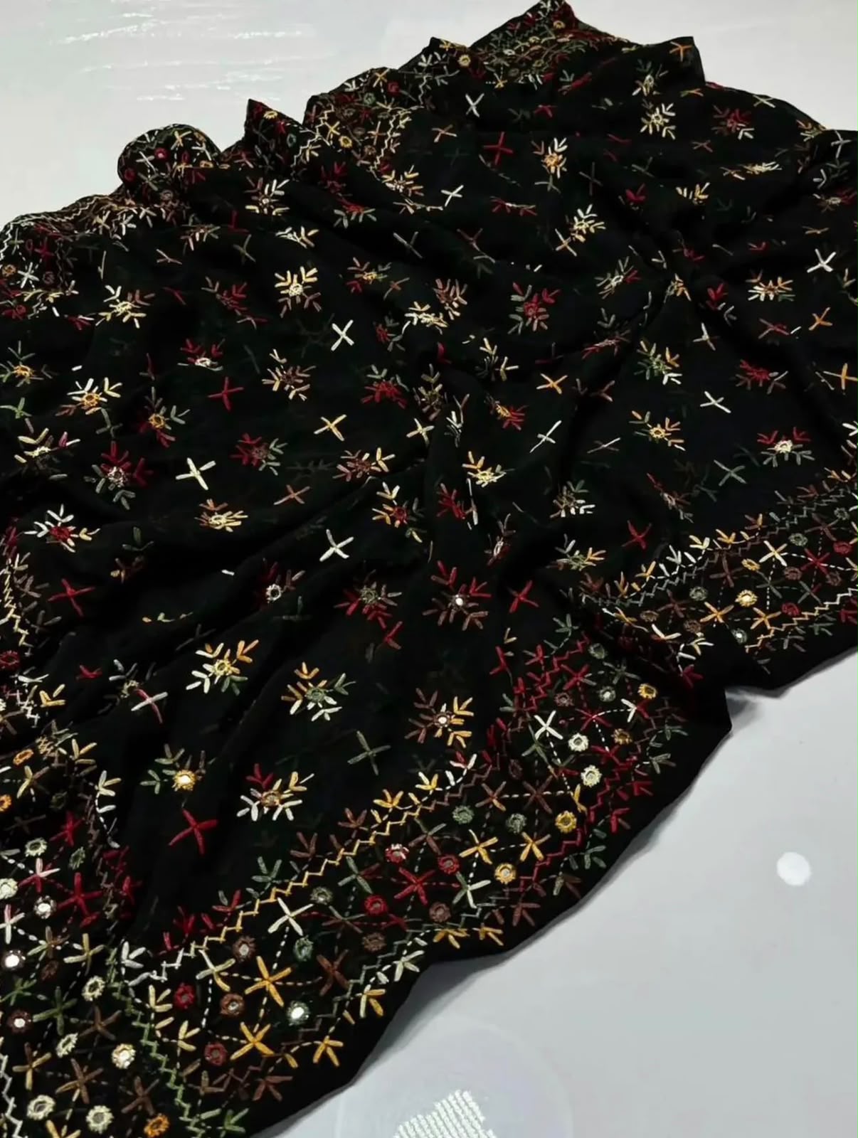 Korean Georgette Sindhi Embroidered Chadar with Mirror Work | Elegant Full Size Shawl