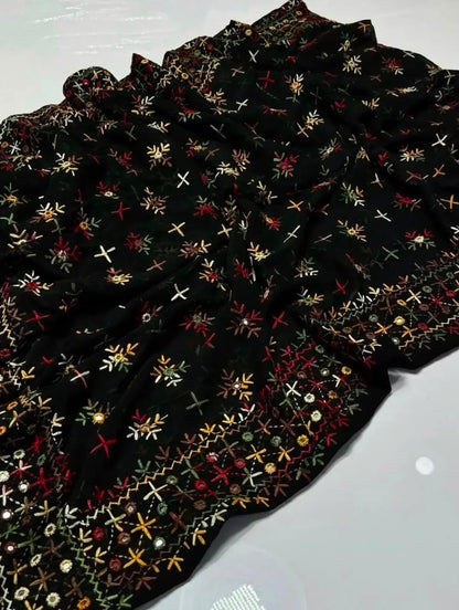 Korean Georgette Sindhi Embroidered Chadar with Mirror Work | Elegant Full Size Shawl