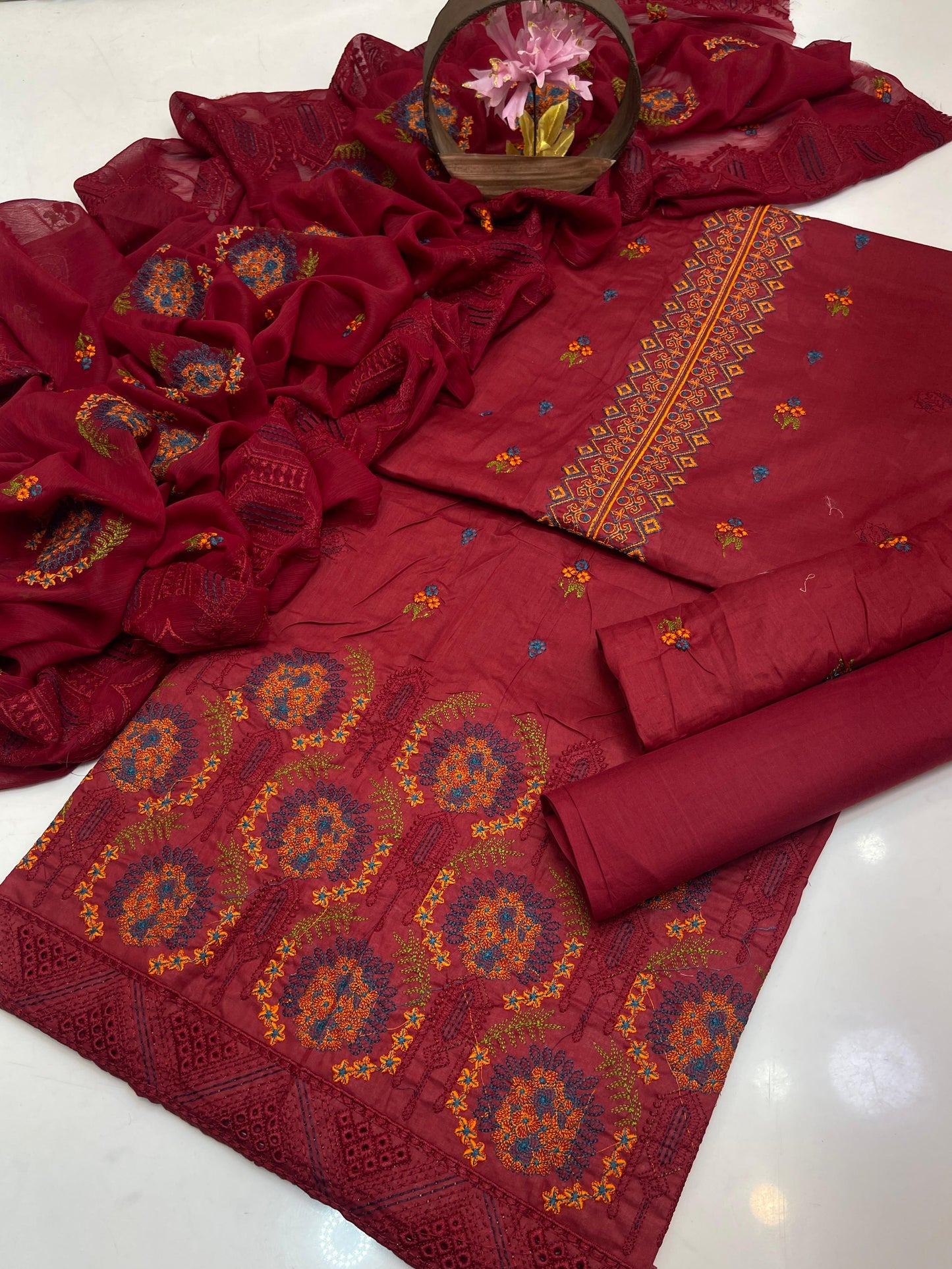 Premium Lawn Embroidered 3-Piece Suit with Chiffon Border Dupatta