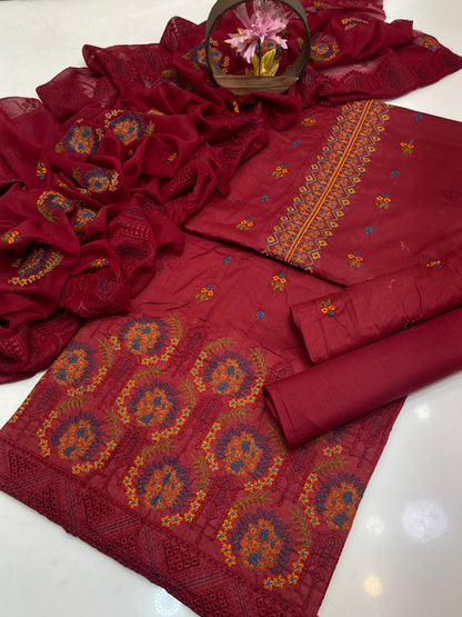 Premium Lawn Embroidered 3-Piece Suit with Chiffon Border Dupatta