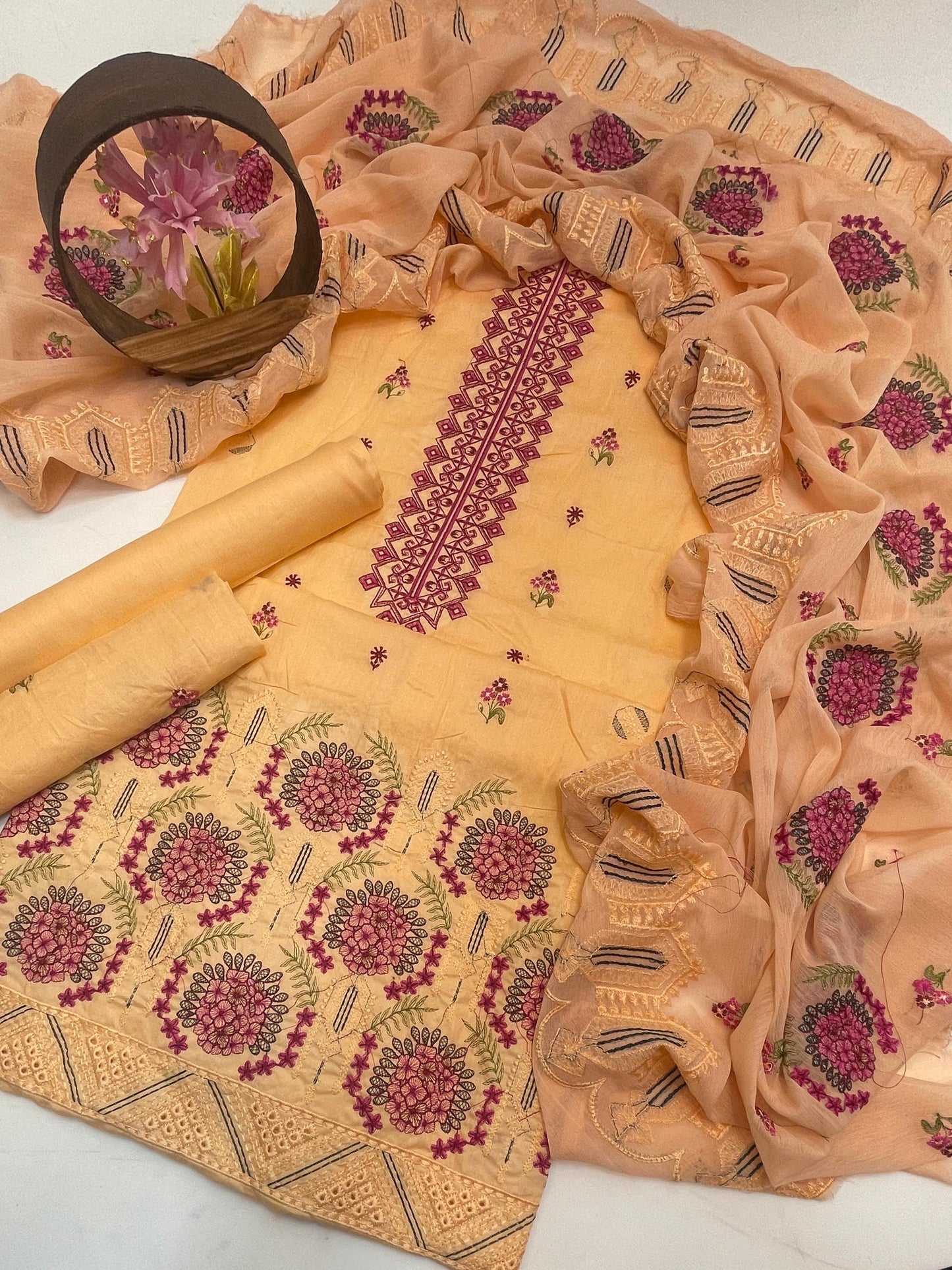 Premium Lawn Embroidered 3-Piece Suit with Chiffon Border Dupatta