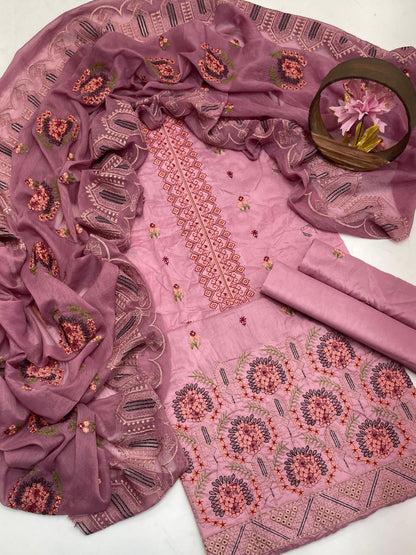 Premium Lawn Embroidered 3-Piece Suit with Chiffon Border Dupatta