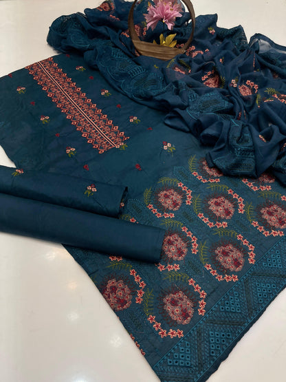 Premium Lawn Embroidered 3-Piece Suit with Chiffon Border Dupatta
