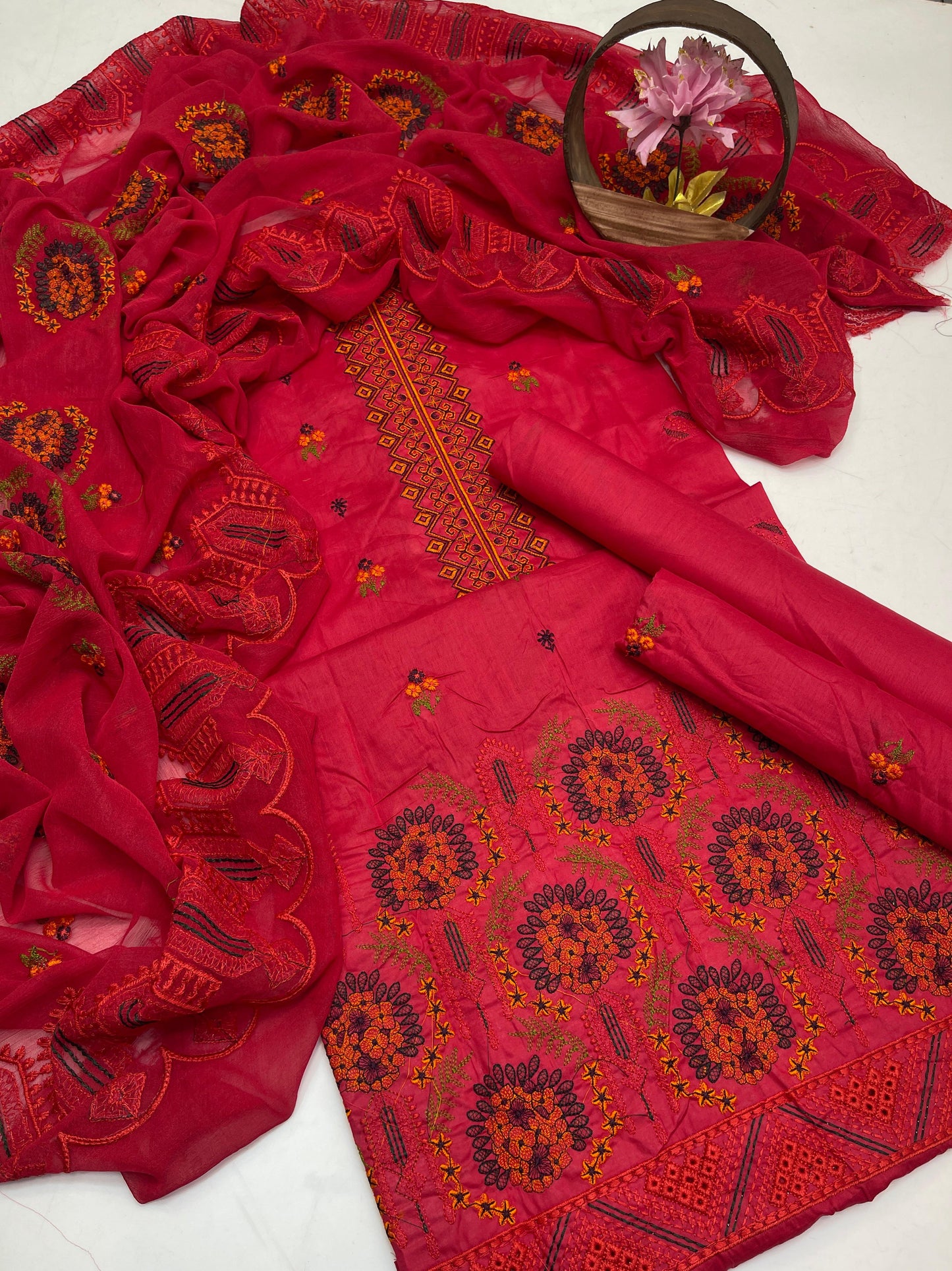 Premium Lawn Embroidered 3-Piece Suit with Chiffon Border Dupatta