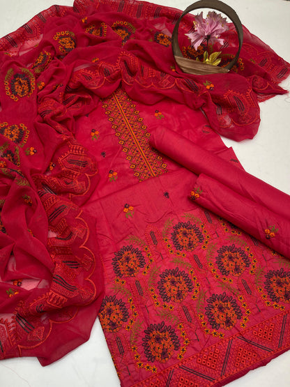 Premium Lawn Embroidered 3-Piece Suit with Chiffon Border Dupatta
