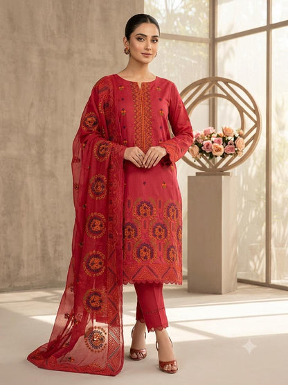 Premium Lawn Embroidered 3-Piece Suit with Chiffon Border Dupatta