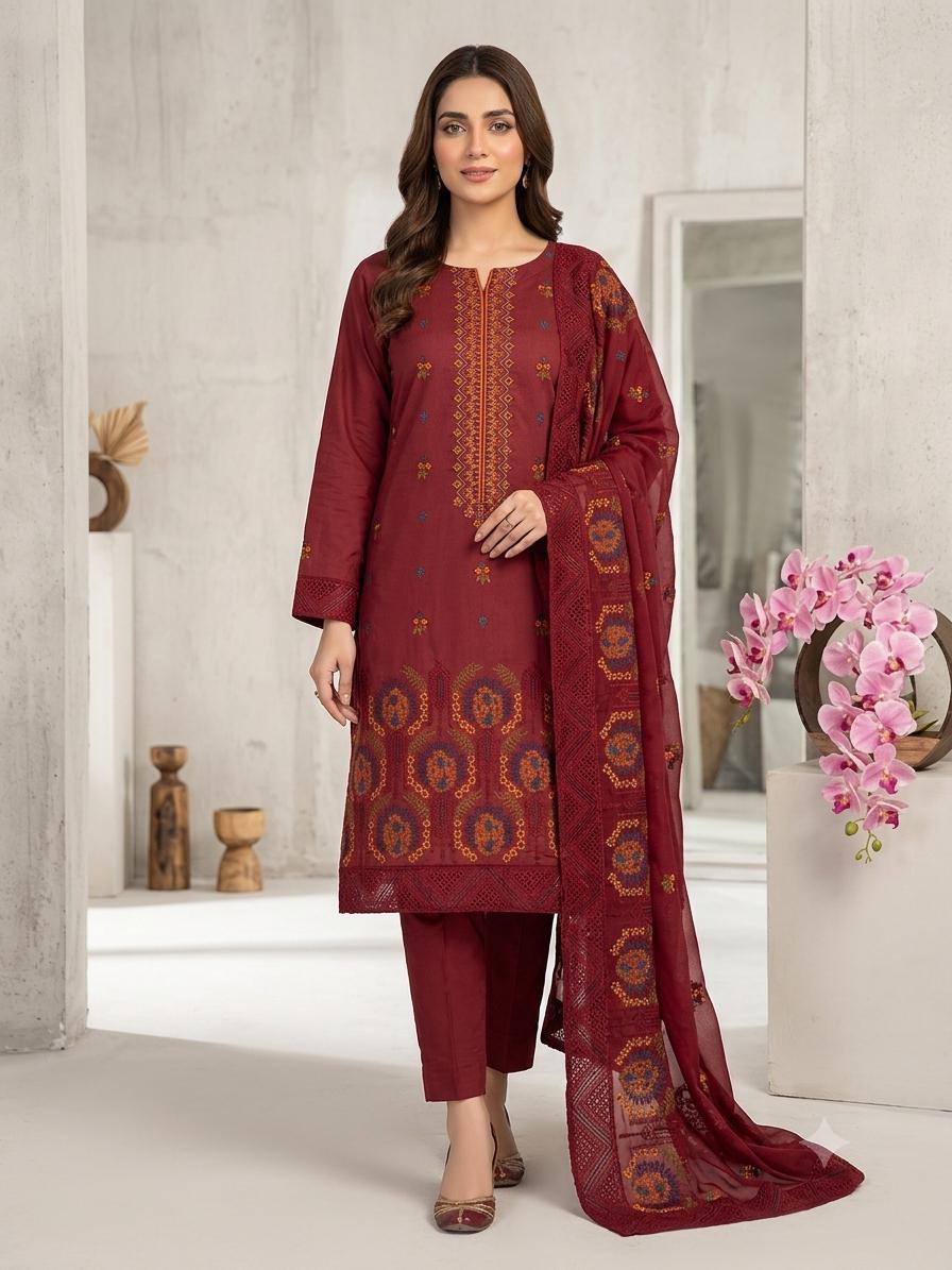 Premium Lawn Embroidered 3-Piece Suit with Chiffon Border Dupatta