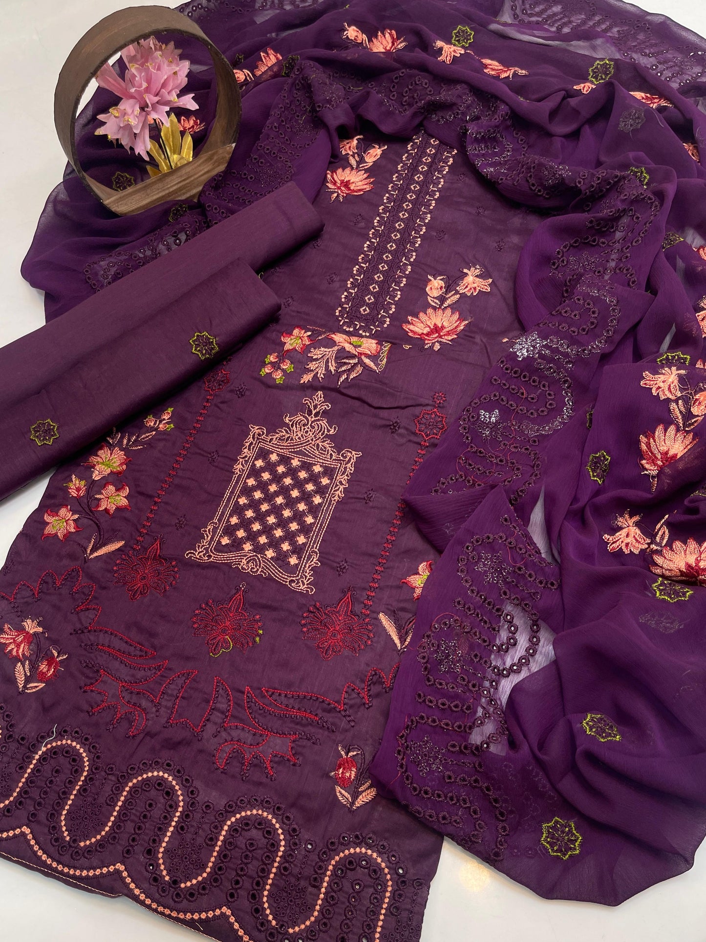Premium Lawn Embroidered 3-Piece Suit with Chiffon Border Dupatta