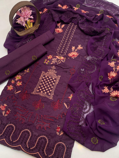 Premium Lawn Embroidered 3-Piece Suit with Chiffon Border Dupatta