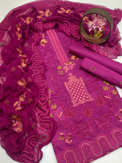 Premium Lawn Embroidered 3-Piece Suit with Chiffon Border Dupatta