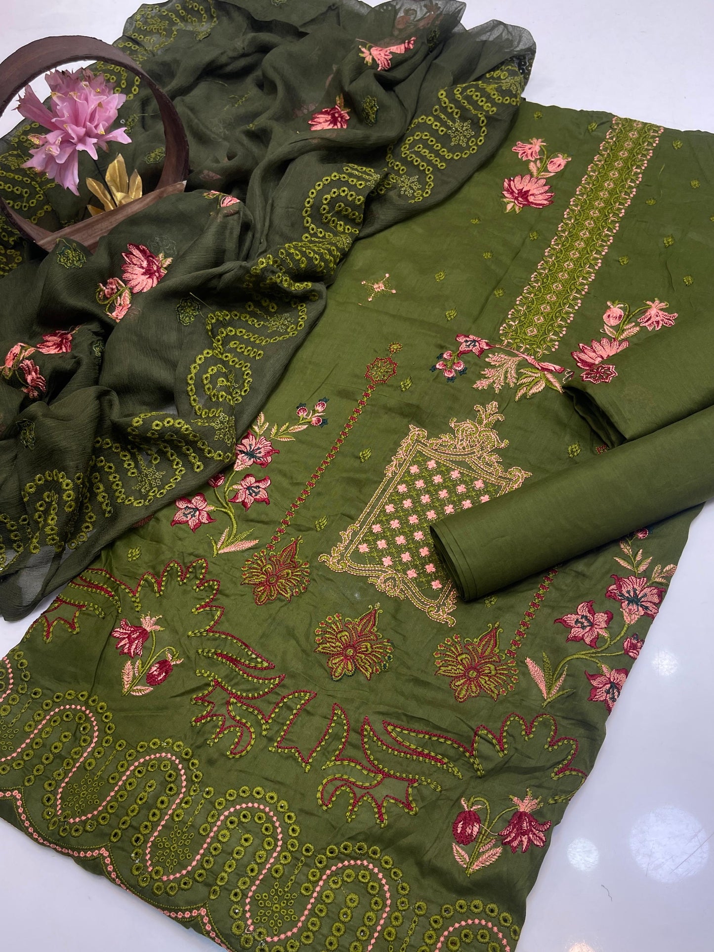 Premium Lawn Embroidered 3-Piece Suit with Chiffon Border Dupatta