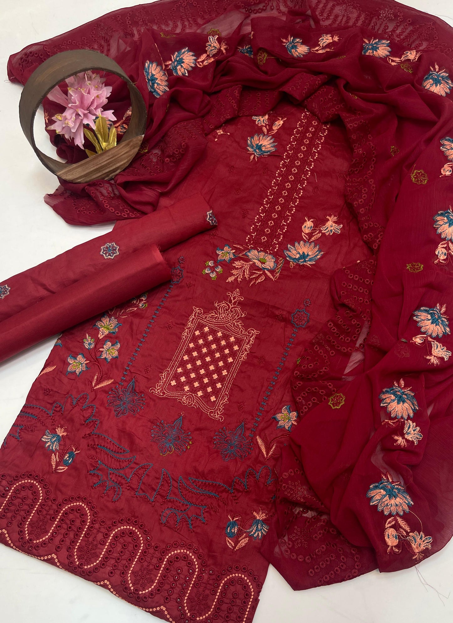 Premium Lawn Embroidered 3-Piece Suit with Chiffon Border Dupatta