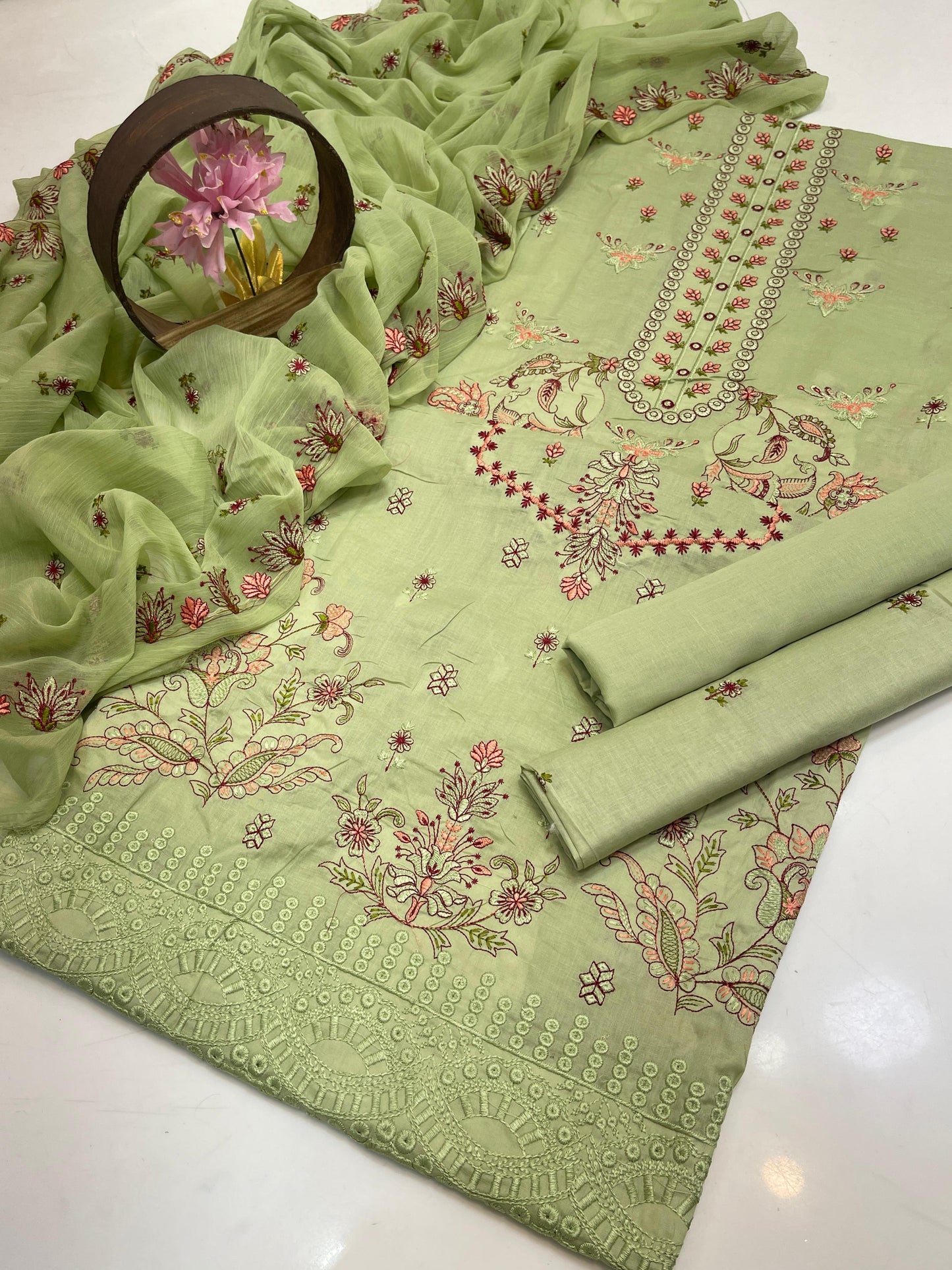Premium Lawn Embroidered 3-Piece Suit with Chiffon Border Dupatta