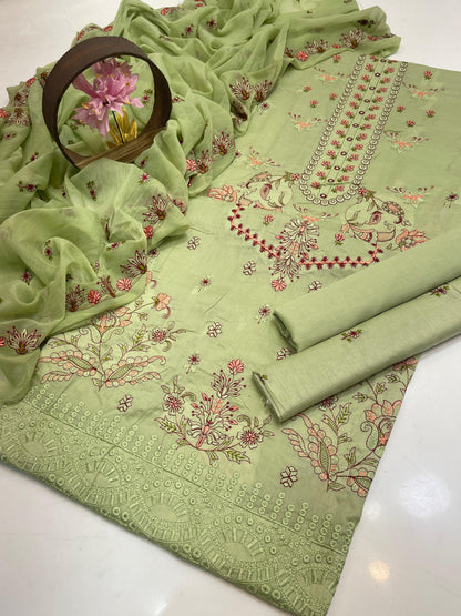 Premium Lawn Embroidered 3-Piece Suit with Chiffon Border Dupatta
