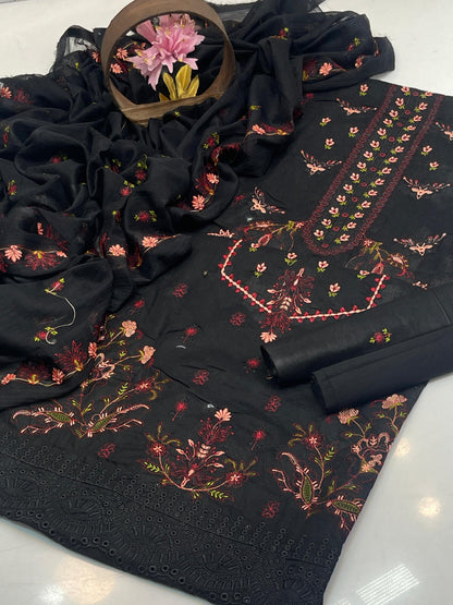 Premium Lawn Embroidered 3-Piece Suit with Chiffon Border Dupatta