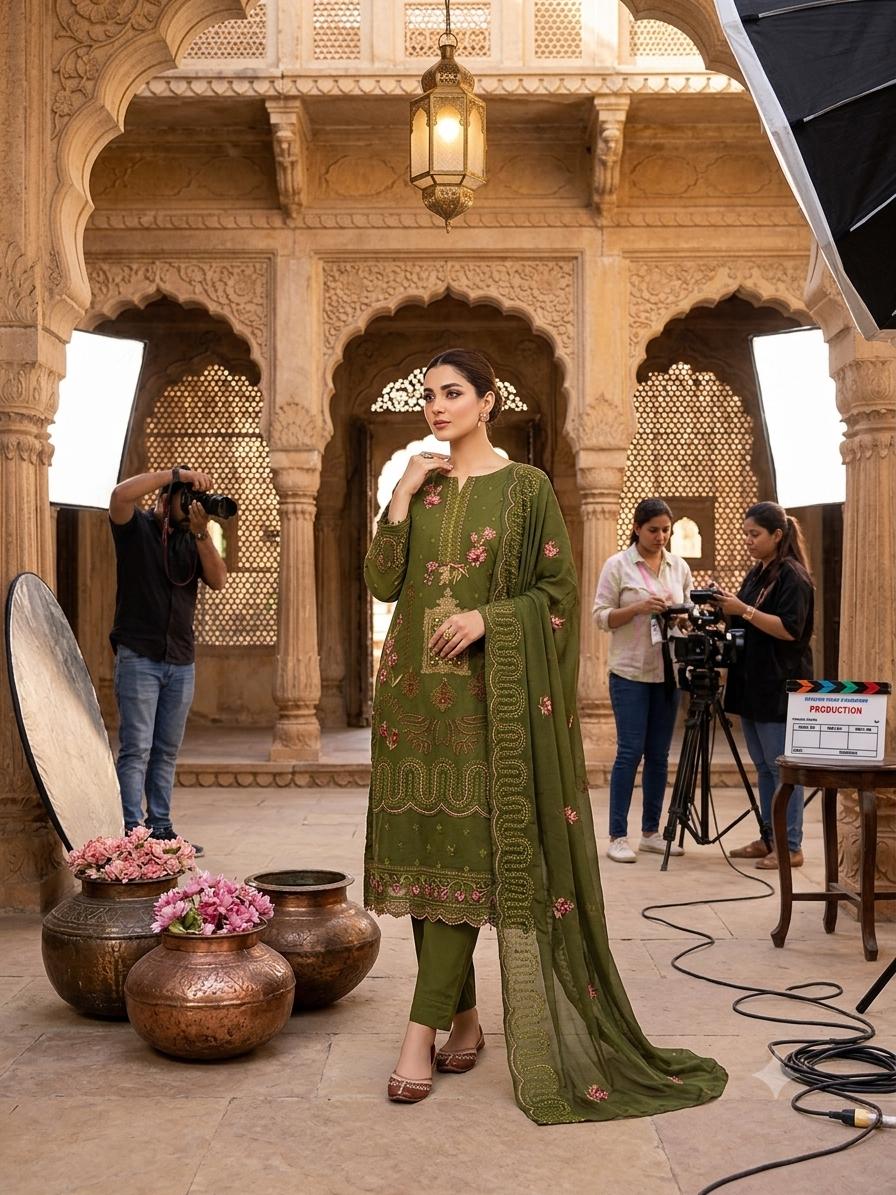 Premium Lawn Embroidered 3-Piece Suit with Chiffon Border Dupatta