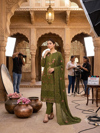 Premium Lawn Embroidered 3-Piece Suit with Chiffon Border Dupatta