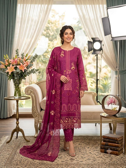 Premium Lawn Embroidered 3-Piece Suit with Chiffon Border Dupatta