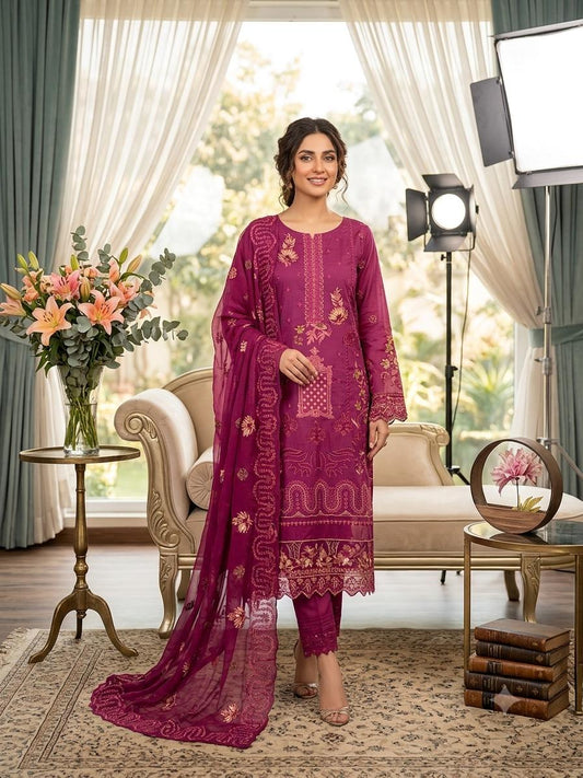Premium Lawn Embroidered 3-Piece Suit with Chiffon Border Dupatta
