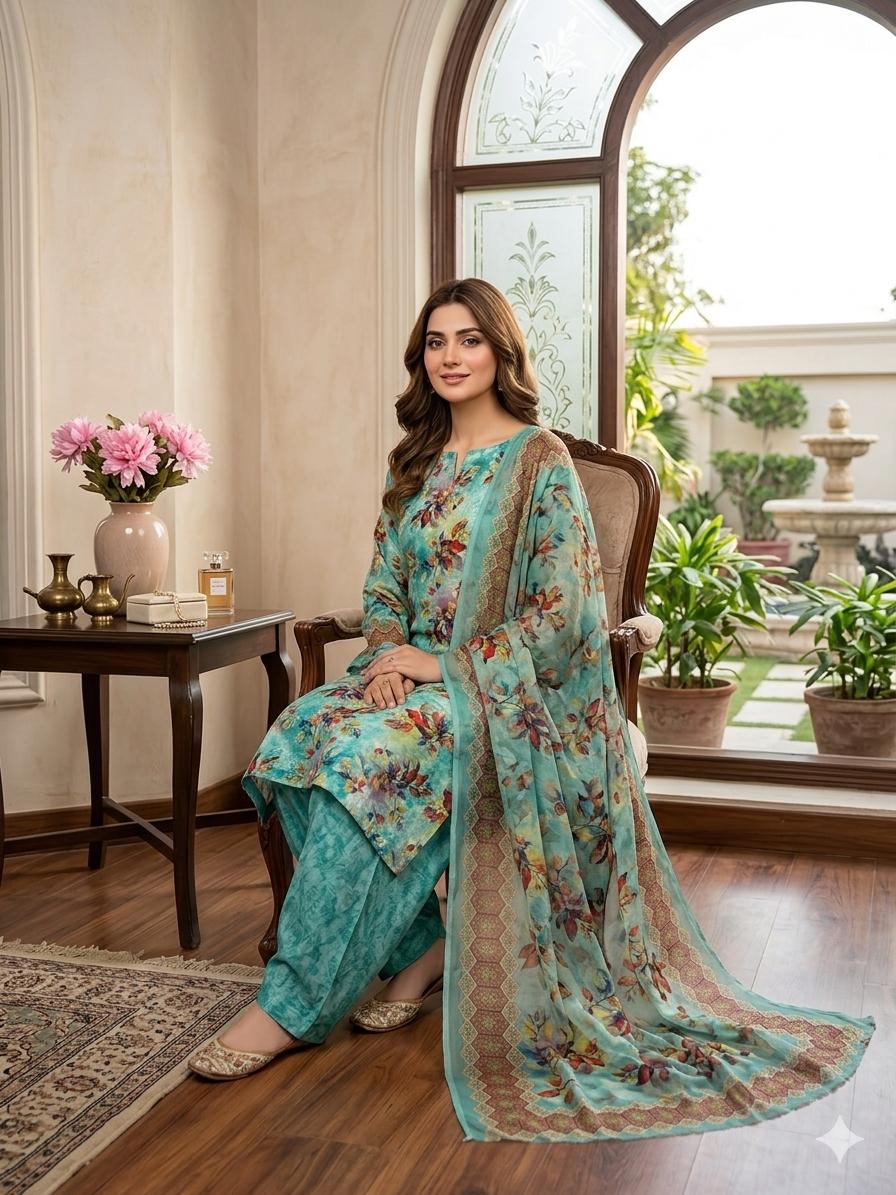 ✨ Premium Swiss Lawn Digital Print 3-Piece Suit with Chiffon Dupatta | Summer Collection