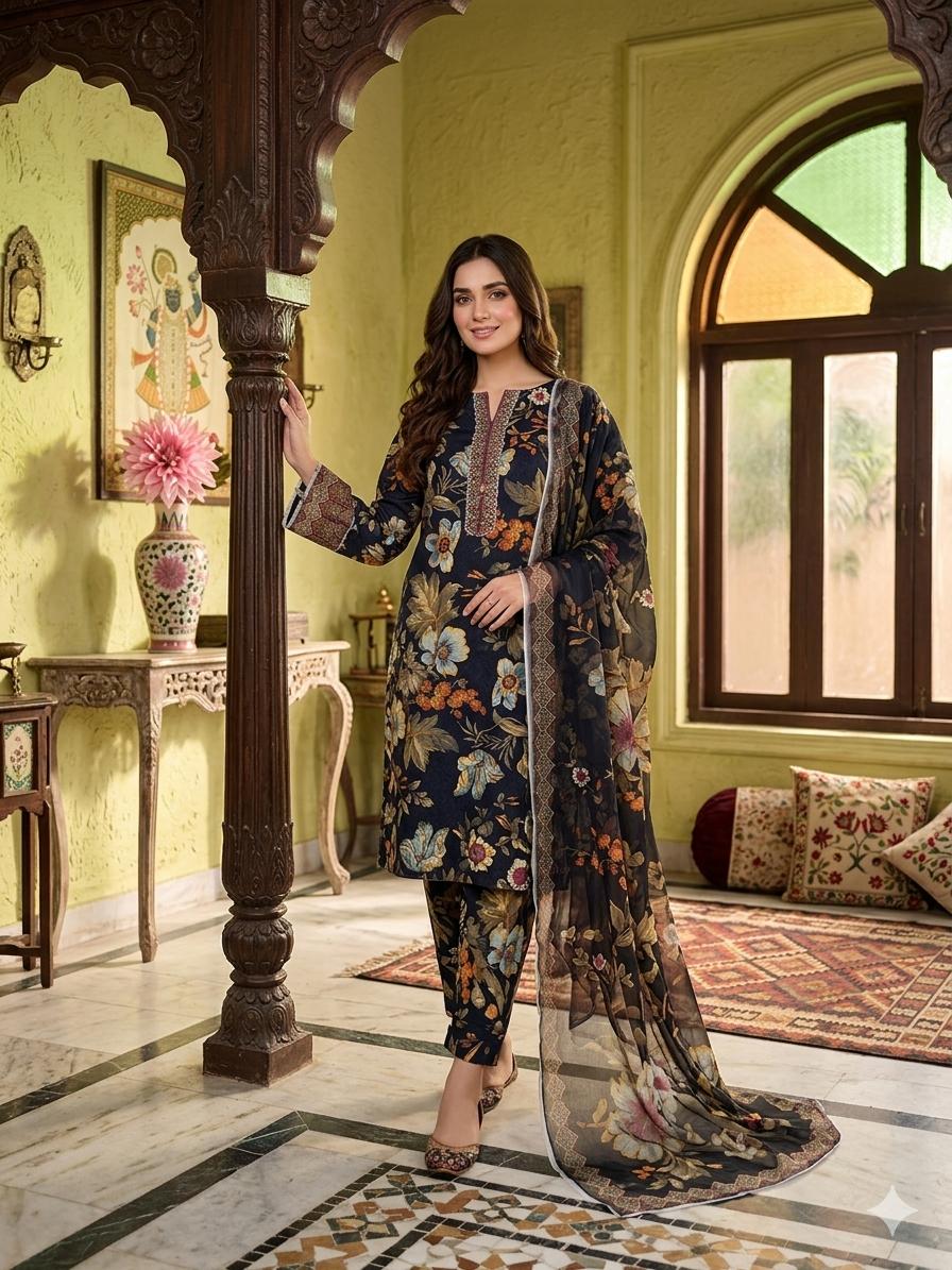✨ Premium Swiss Lawn Digital Print 3-Piece Suit with Chiffon Dupatta | Summer Collection
