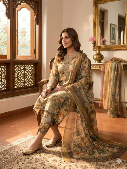 ✨ Premium Swiss Lawn Digital Print 3-Piece Suit with Chiffon Dupatta | Summer Collection