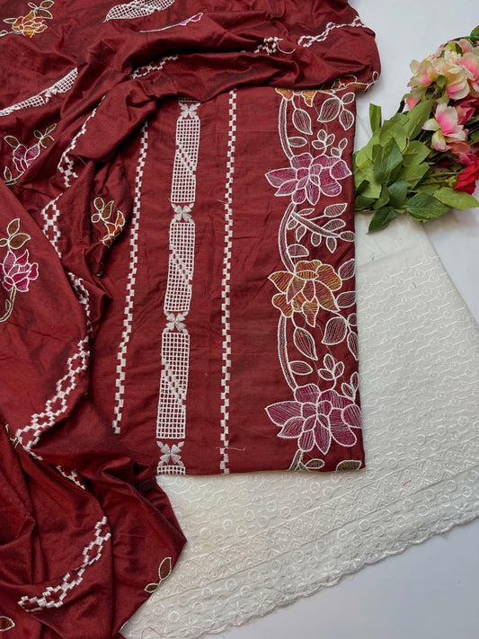✨Premium Paper Cotton Embroidered 3-Piece Suit with Chicken Kari Trouser