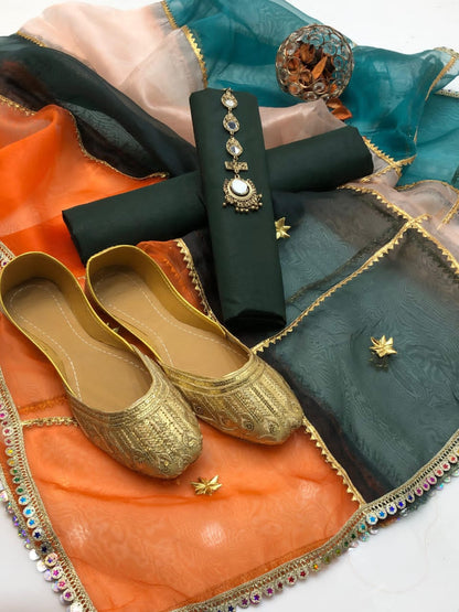 ✨ Soft Kataan Silk 4-Piece Suit with Tissue Multi Gota Kinari Dupatta & Matching Khusa Gift