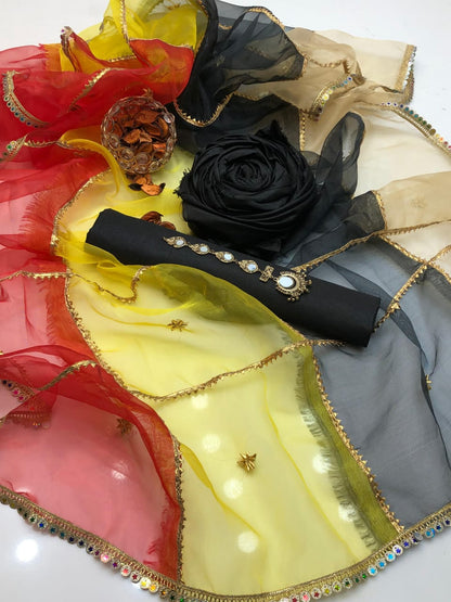 ✨ Soft Kataan Silk 4-Piece Suit with Tissue Multi Gota Kinari Dupatta & Matching Khusa Gift